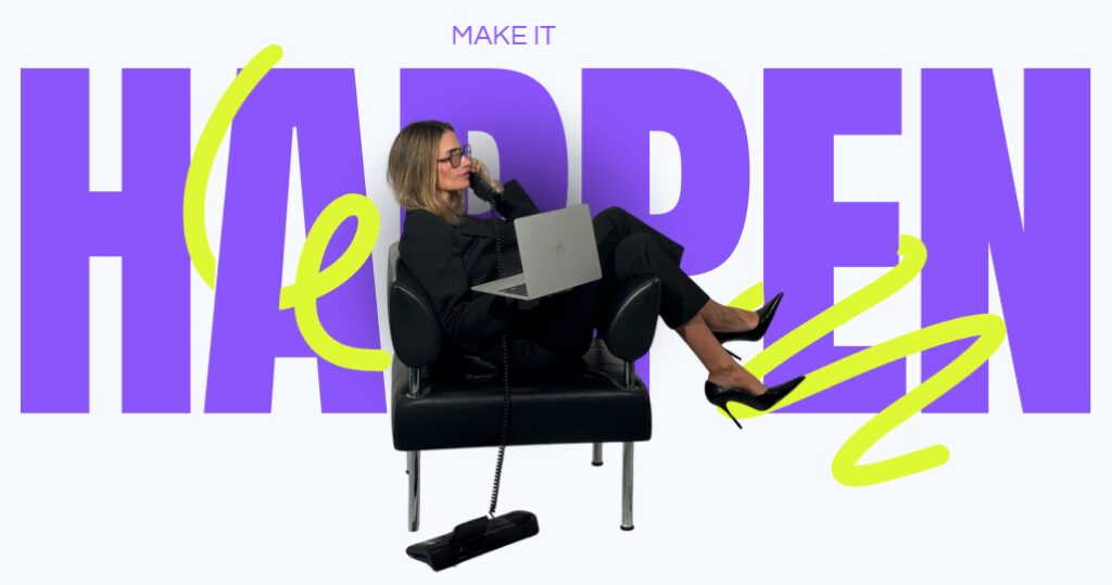 Judith von Mediatouch am Telefon vor dem Schriftzug Make it happen